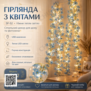 Гірлянда Квітка USB AND SF-52 блакитні квітки, тепле світло