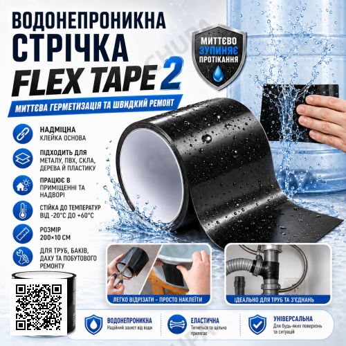 Водонепроникна ізоляційна стрічка 200×10 см, Flex Tape 2, Чорний/ Універсальний ремонтний скотч/Клейка стрічка надміцна