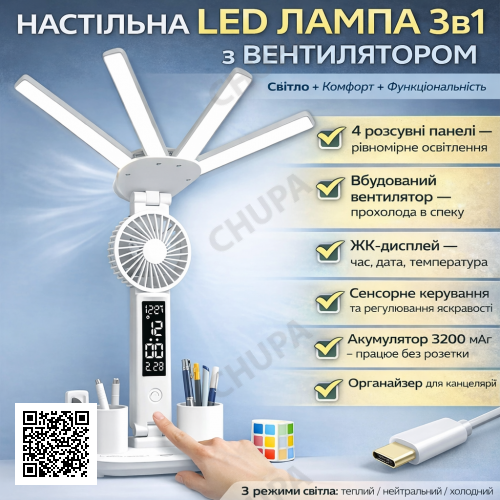 Настольная LED лампа с вентилятором, ЖК-дисплеем и 4 световыми панелями KRX-1011