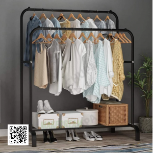 Двойная стойка вешалка для одежды и обуви Loft Rack напольная стальная с полкой Black