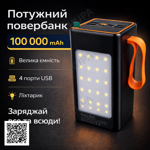 Повербанк AND JS-658 100000 mAh з дисплеєм, 4×USB, Type-C, MicroUSB + ліхтарик
