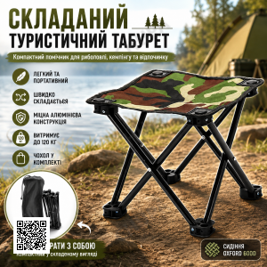 Складаний стілець з чохлом до 100кг, 28x28x24см, Камуфляж / Крісло розкладне / Стілець для кемпінгу / Туристичний стілець