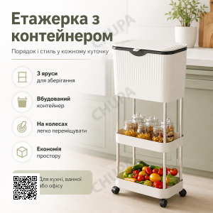 Кухонный Органайзер-Урна 78,5х29х20см, Белый / Передвижной стеллаж на колесах / Этажерка для кухни