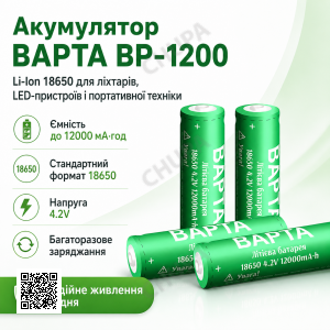 Аккумулятор BAPTA BP-1200 18650 Li-Ion 12000 мАч 4.2В перезаряжаемый для фонарей, power bank и портативной техники