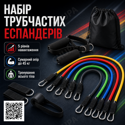 Набор трубчатых эспандеров для фитнеса 5 штук XL-1168 / Многофункциональный комплект.