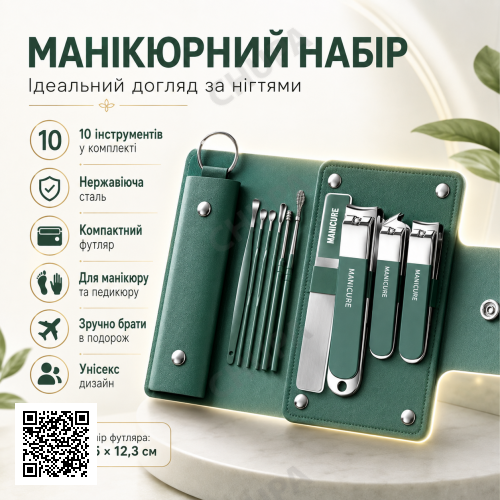 Манікюрний набір з 10 предметів у чохлі N 5630, Зелений / Набір для манікюру / Манікюрно-педикюрний набір