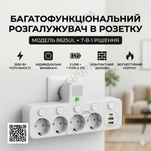 Сетевой разветвитель-адаптер 7-в-1 в розетку 8625UL (2500 Вт): 4 розетки с индивидуальными выключателями, 2 USB и 1 Type-C PD