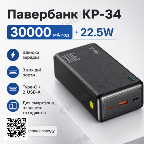 Універсальний павербанк King Power KP-34 30000 mAh 22.5W для смартфонів і гаджетів