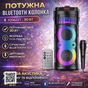 Портативная Bluetooth колонка 2х6.5" с проводным микрофоном и пультом ДУ JQS6221 30W