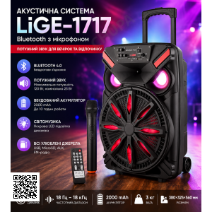 Акустична система LiGE-1717 акумулятор Bluetooth з мікрофоном 12" 25 Вт | Бездротова аудіосистема
