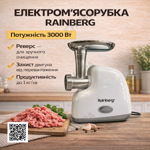 Домашняя электрическая мясорубка Rainberg RB-2319 3000 Вт с реверсом белая