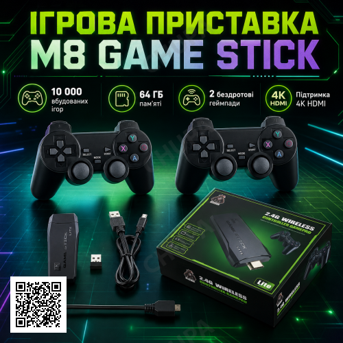 Ігрова приставка M8 64 gb Mini Game Stick 4K HDMI + 2 бездротові джойстики, консоль для телевізора