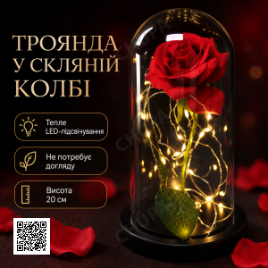 Троянда в колбі з LED-підсвіткою 20 см, Червона, на батарейках/Нічник Вічна троянда/Квітка в колбі