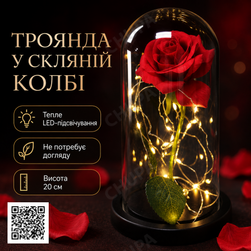 Троянда в колбі з LED-підсвіткою 20 см, Червона, на батарейках/Нічник Вічна троянда/Квітка в колбі