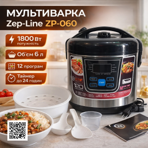 УЦЕНКА! Мультиварка Zep-Line ZP-060, 6 л, 1800 Вт, 12 программ приготовления, электронное управление, LED-дисплей (Вмятина 3423)