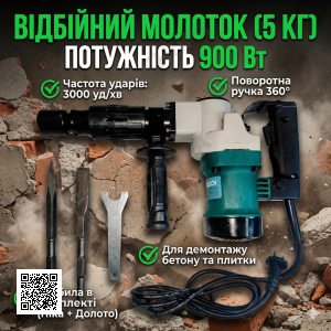 Відбійний молоток електричний 900 Вт (3000 уд/хв): патрон HEX, 2 зубила в комплекті, для демонтажу бетону та плитки