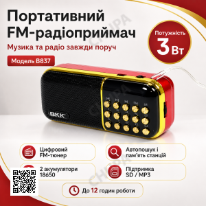 Портативний FM-радіоприймач колонка з цифровим тюнером BKK USB/MP3 B851