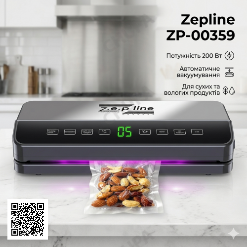 Вакуумный упаковщик для пищевых продуктов 200Вт Zepline ZP-00359 Бытовой автоматический вакууматор с LED дисплеем + 20 пакетов