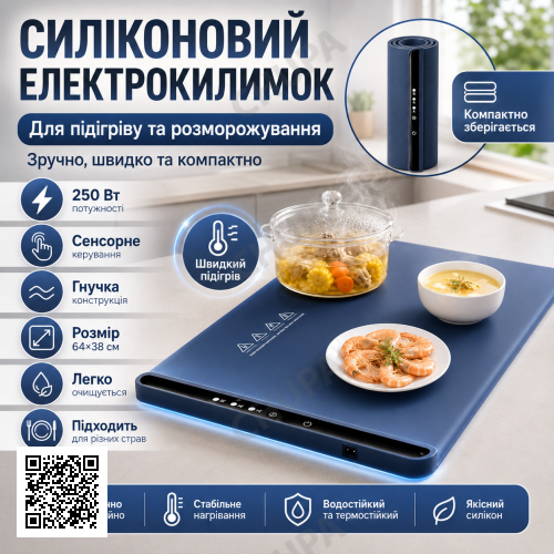 Электроковрик для подогрева пищи силиконовый, 64x38 см, 250W, Синий / Размораживающий коврик / Термоковрик для посуды