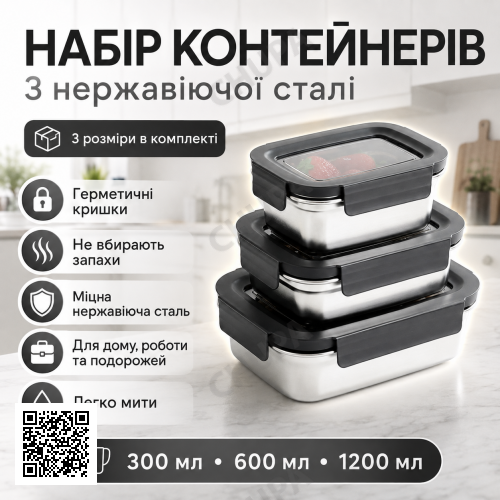 3шт Контейнер для їжі 300/600/1200 мл з кришками 20687-10 / Контейнер для зберігання продуктів