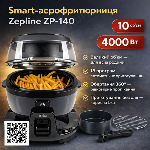 Smart-аерогриль Zepline ZP-140, аерофритюр 10 л, 4000 Вт, 18 програм, сенсорне керування, чорний Сірий