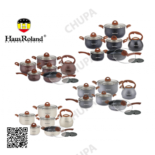 Набор посуды Haus Roland HR120-1 (14 предметов) из нержавеющей стали: кастрюли 2,6/3,6/6,1 л; ковш 1,9 л; сковорода 2,9 л; чайник