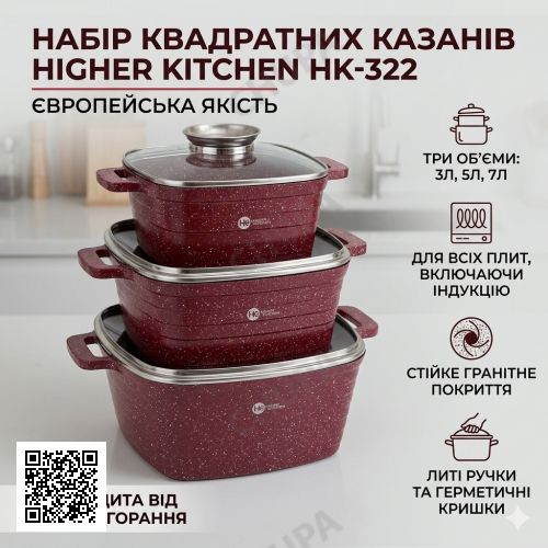 Набор кастрюль КРАСНЫЕ с гранитным покрытием Higher Kitchen HK 322 на 6 предметов с крышками