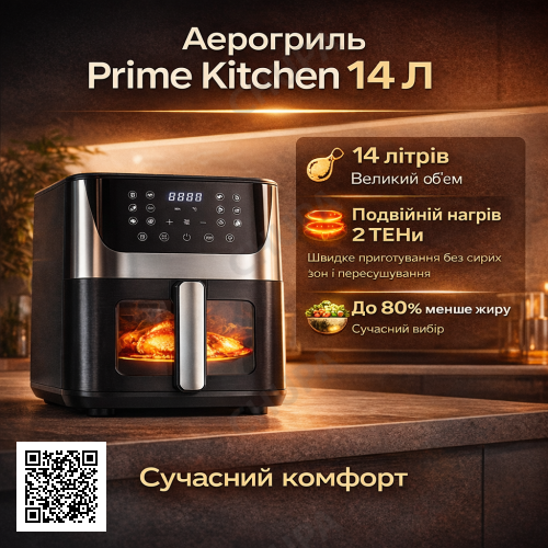 Аерогриль Prime Kitchen AF1012DT, 14 л, з подвійними нагрівальними елементами (2 ТЕНи), сенсорне керування, вікно огляду, 80–200 °