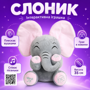 Мягкая игрушка плюшевый Слоник 35 см играет в прятки, хлопает ушками с музыкой Серый HA-161