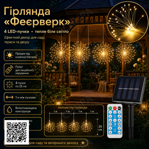Садовая гирлянда на солнечной батарее Фейерверк + пульт, 4 пучка, Теплый белый / Уличная гирлянда для сада