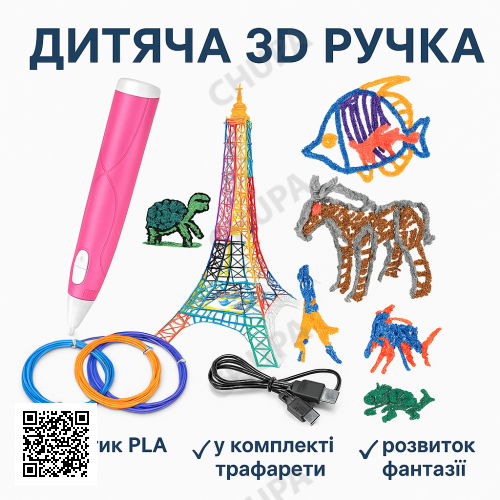 Дитяча 3D-ручка для малювання з екопластиком 3D-6-2 набір з трафаретами Бузковий Рожевий