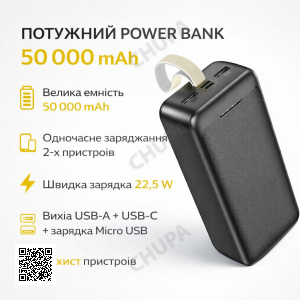 Повербанк Awei J111B 50000 mAh, 22.5W — портативний зовнішній акумулятор з швидкою зарядкою, 3 виходи, Li-Pol, чорний