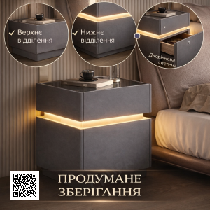 Смарт-Тумба з екошкіри Сіра XXF02 з LED-підсвіткою, сейфом, бездротове заряджання, Bluetooth-аудіо 40х40х51