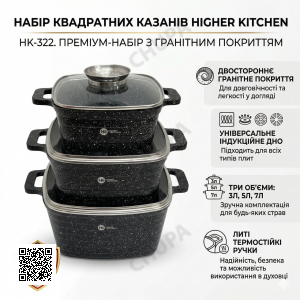 Набор квадратных кастрюль ЧЕРНЫЕ с гранитным покрытием Higher Kitchen HK 322 на 6 предметов с крышками