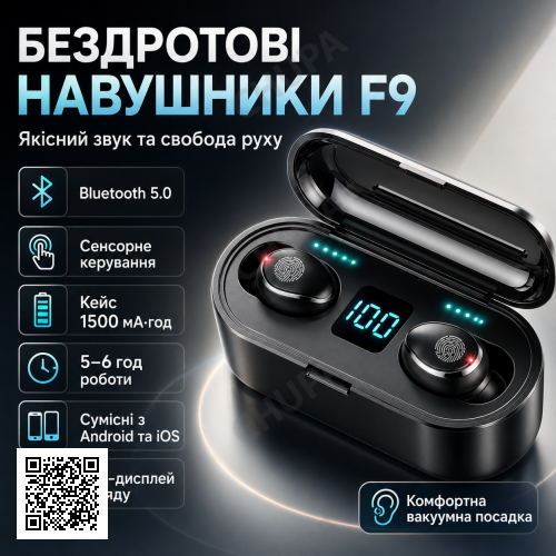 Бездротові Bluetooth навушники F9-5, Чорні / Сенсорні навушники із зарядним кейсом / Вакуумні блютуз навушники