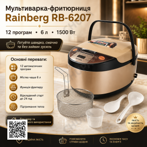 УЦІНКА! Мультиварка Rainberg Rb-6207 З Фритюрницею, 12 Програм (Вм'ятина на корпусі 3287)