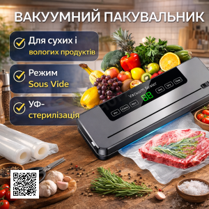 Вакуумный упаковщик сухих/влажных продуктов с УФ-стерилизацией в режиме Sous Vide + Упаковочные мешки