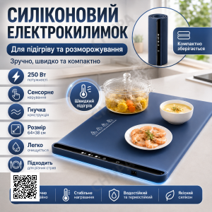 Электроковрик для подогрева пищи силиконовый, 64×38 см, 250W, Синий / Размораживающий коврик / Термоковрик для посуды