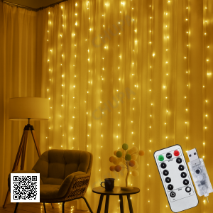 Новогодняя яркая USB гирлянда-штора на 200 LED 3х2 м и 10 нитей SFK-43 Теплый белый