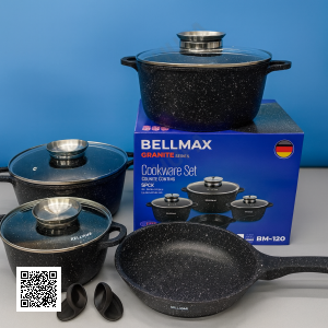Набір кухонного посуду Bellmax BM-120 Чорний з литого алюмінію з гранітним покриттям, 9 предметів