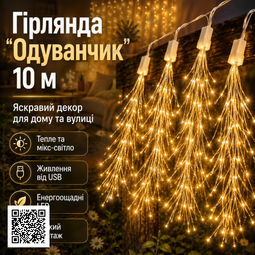 Гірлянда Кульбабаба 10 м, від USB, The lamp, Теплий і мікс/ Гірлянда для декору/Світлодіодна гірлянда