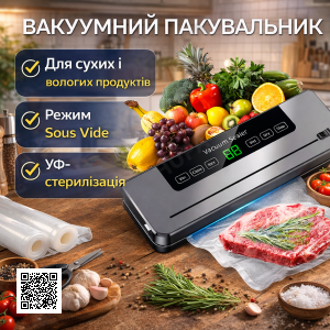 Вакуумний пакувальник сухих/вологих продуктів з УФ-стерилізацією в режимі Sous Vide + Паковальні мішки