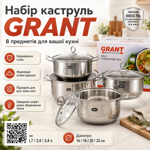 УЦЕНКА! Набор кастрюль из высокопрочной нержавеющей стали GRANT GR3558 (Плохая упаковка 3277)