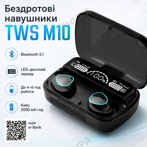 Бездротові Bluetooth-навушники з дисплеєм і мікрофоном TWS M10, Чорний/Блютуз навушники з функцією PowerBank