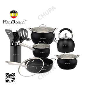 Набір посуду Haus Roland HR126-1, 18 предметів із неіржавкої сталі: каструлі 3,6/6,0 л, ківш 1,9 л, сковорода 2,9 л, чайник 3,0 (