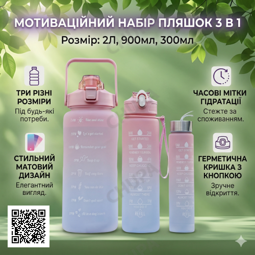 Бутылка для воды 3 в 1 Bottle AND264 Розово-голубая Комплект из 3 спортивных бутылок для воды