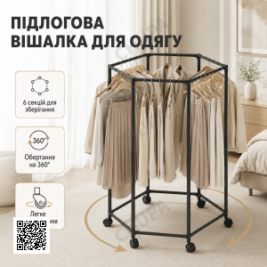 Підлогова вішалка для одягу з поворотним механізмом на 360° і колесами