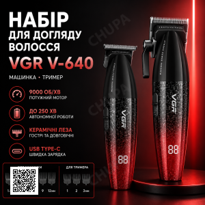 Професійний набір для стриження волосся 2 в 1 VGR V-640 S2 машинка для стриження та тример зі змінними насадками Red