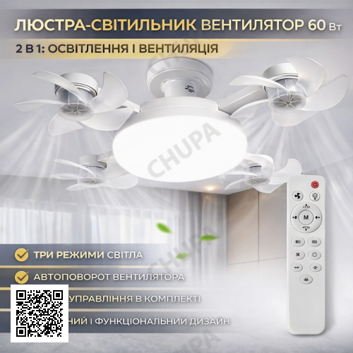 Світлодіодна стельова люстра-вентилятор AY1053/LED лампа з вентилятором у патрон/Стельовий світильник-вентилятор 60W