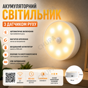 Аккумуляторный светильник с датчиком движения на магните от USB, DZG-GY-005, Белый / Светильник светодиодный
